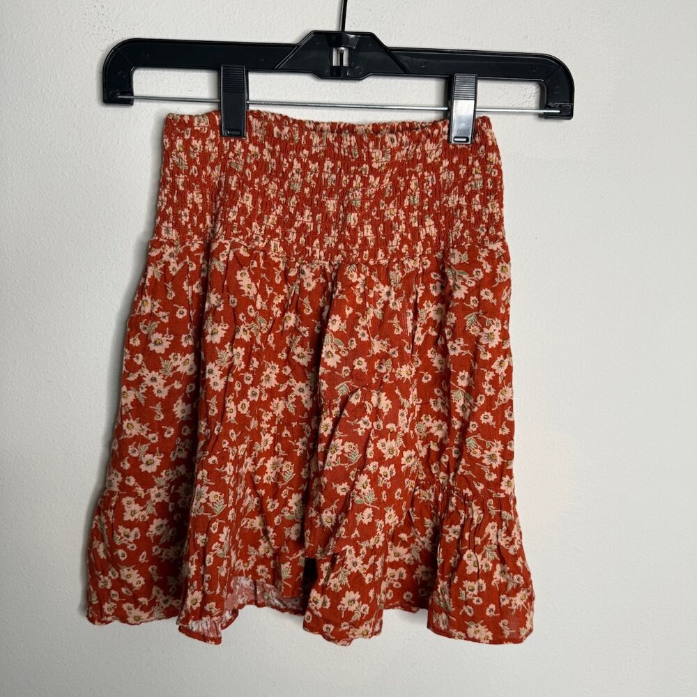 Natural Life Womens Red Floral Smocked Mini Skirt XS Casual Boho Ruffle Hem